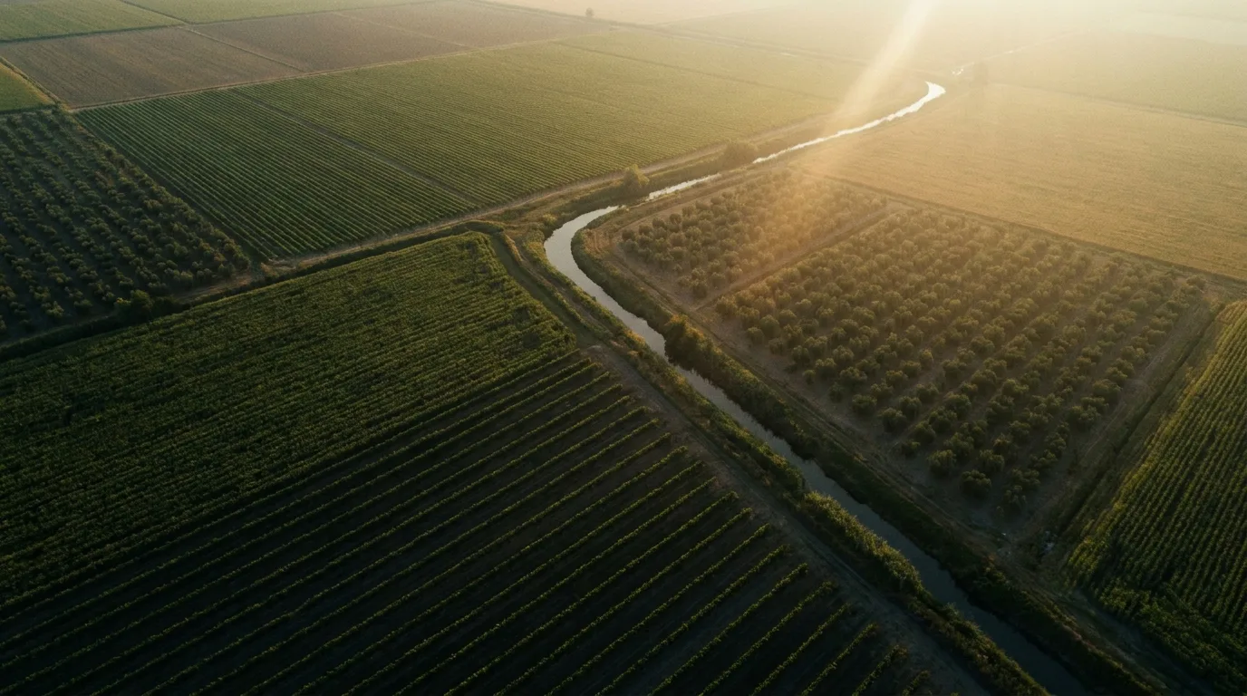 Agricultural fields and a winding waterway in warm evening light.